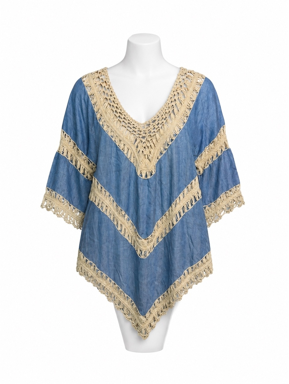 UMGEE Boho Macrame Lace Crochet Chevron Gauze Tunic Top Blue Tan Size Large EUC - Picture 2 of 5
